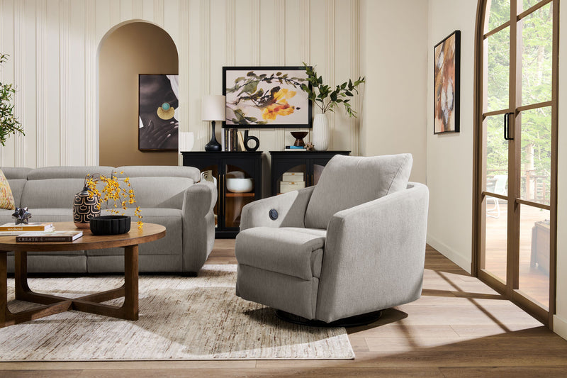 Cindy Crawford Home Aspen 33.5\" Fabric Swivel Power Reclining Chair with Power Footrest - Silver