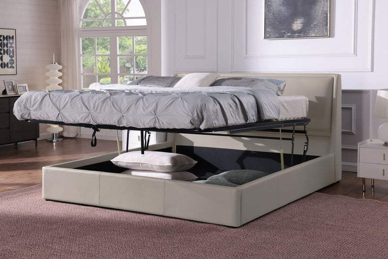 Nico Upholstered Storage Platform Bed in Vegan Leather Taupe Fabric, Hyrdraulic Lift  - King Size