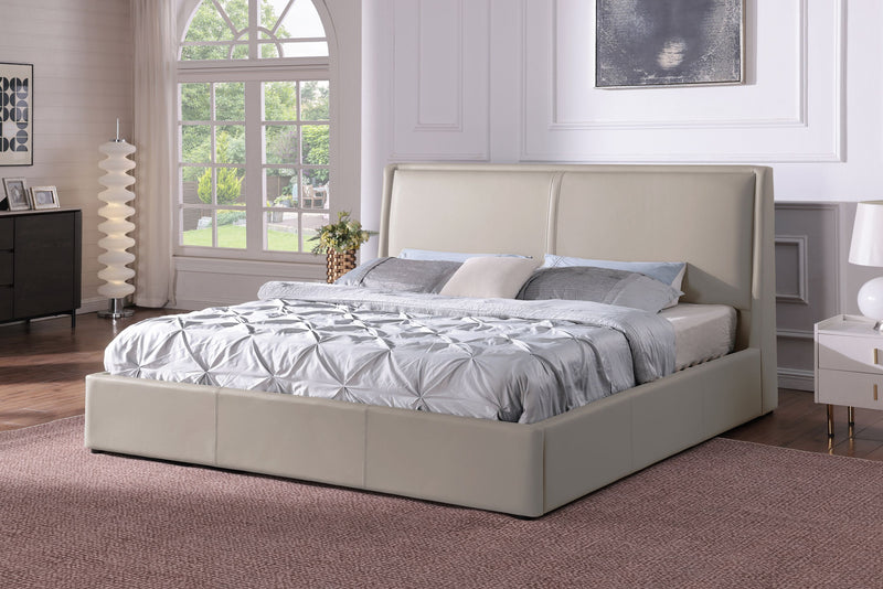 Nico Upholstered Storage Platform Bed in Vegan Leather Taupe Fabric, Hyrdraulic Lift  - Queen Size