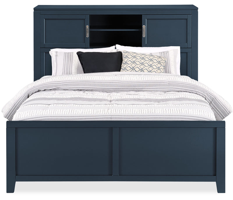 Quinn Platform Bed with Bookcase Headboard, Built-in Desk & Stool, Blue - Full Size