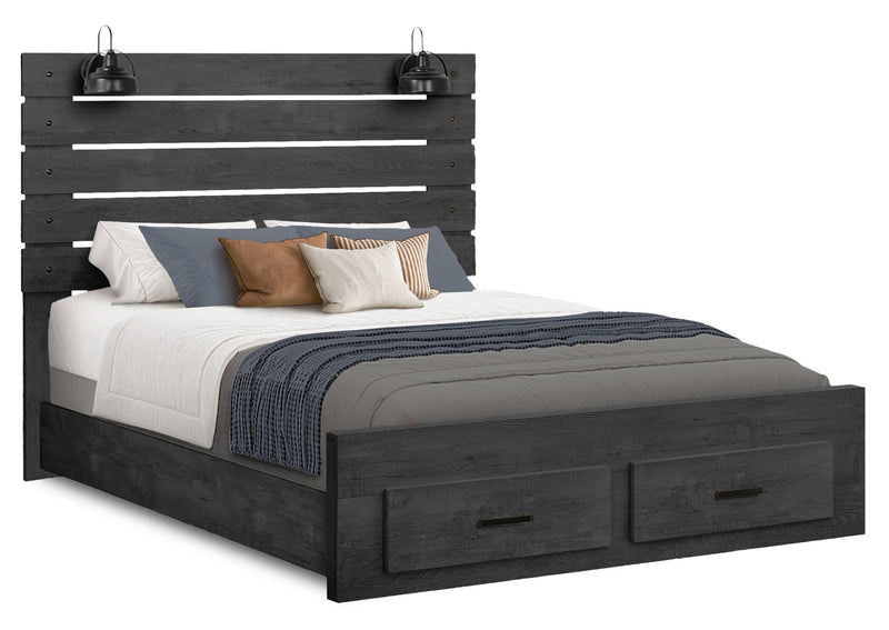 Soren Platform Storage Bed with Slat Headboard & Frame, Built-In LED, Graphite Grey - Queen Size