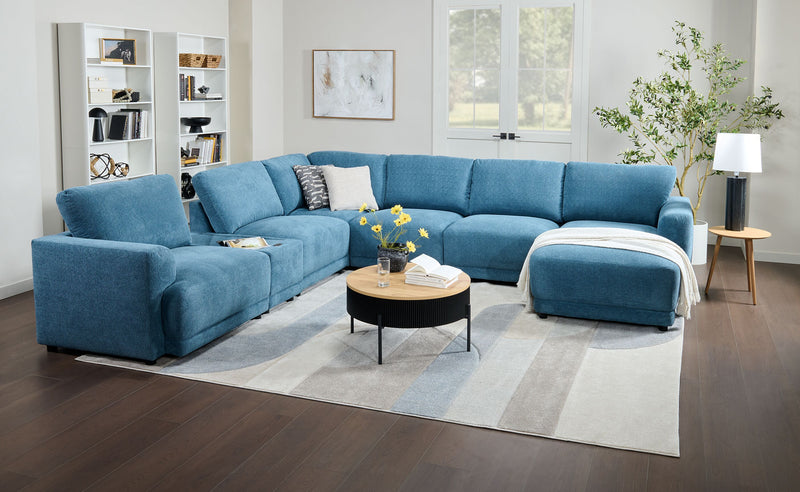 Voyage Modular 7-Piece Right-Facing Fabric Sectional with Console and Removable Back Cushions – Blue