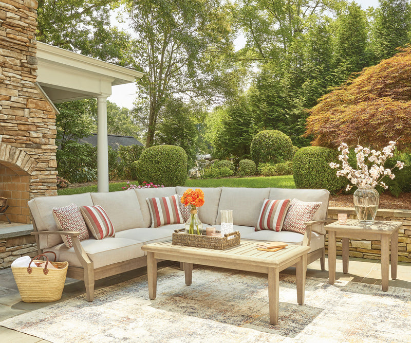 Juno Outdoor Patio Corner Chair - Eucalyptus Wood & Nuvella Fabric, Weather Resistant - Natural/Beige
