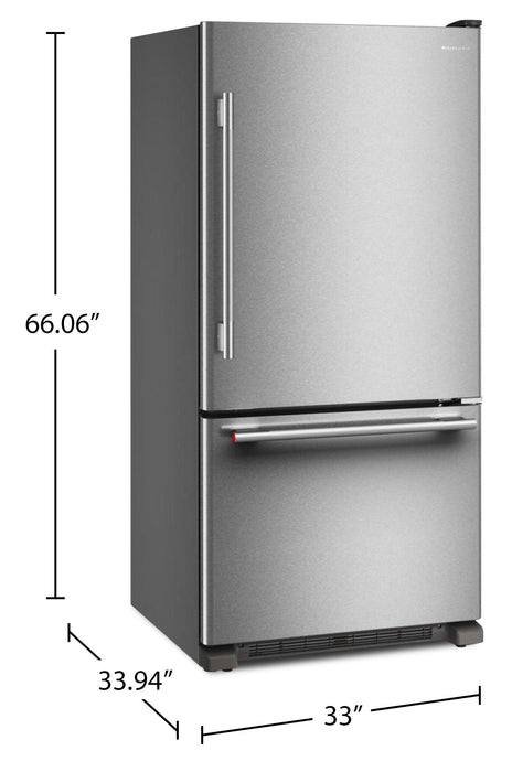 Kitchenaid 33\" 22 Cu. Ft. Bottom Mount Refrigerator – PrintShield Stainless - KRBR133SPS