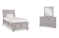 Kylie 5pc Bedroom Set with Storage Bed, Dresser & Mirror, Sand - Twin Size 