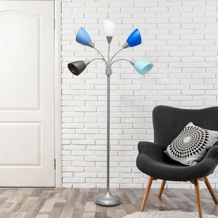 Simple Designs 67\" Contemporary Multi-Head Medusa 5-Light Adjustable Gooseneck Floor Lamp - Blue, White and Grey