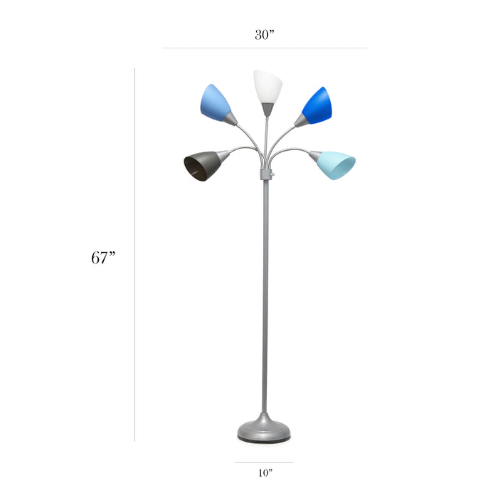 Simple Designs 67\" Contemporary Multi-Head Medusa 5-Light Adjustable Gooseneck Floor Lamp - Blue, White and Grey