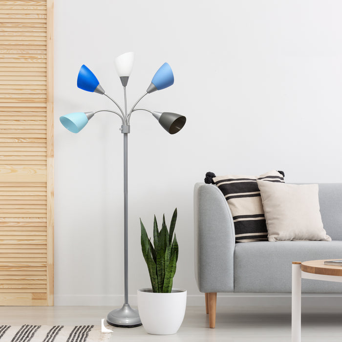 Simple Designs 67\" Contemporary Multi-Head Medusa 5-Light Adjustable Gooseneck Floor Lamp - Blue, White and Grey