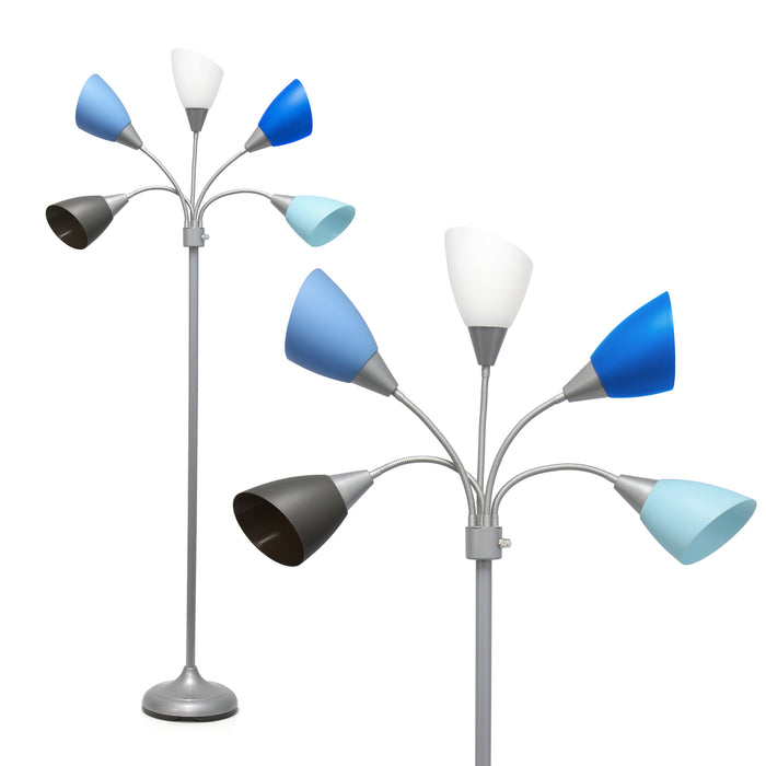 Simple Designs 67\" Contemporary Multi-Head Medusa 5-Light Adjustable Gooseneck Floor Lamp - Blue, White and Grey