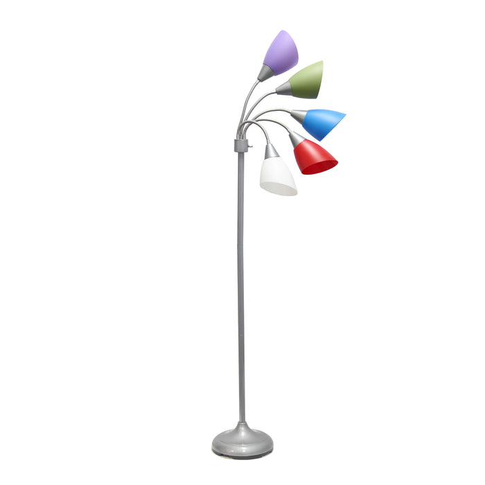 Simple Designs 67\" Contemporary Multi-Head Medusa 5-Light Adjustable Gooseneck Floor Lamp with Primary Multi-Coloured Shades - Silver