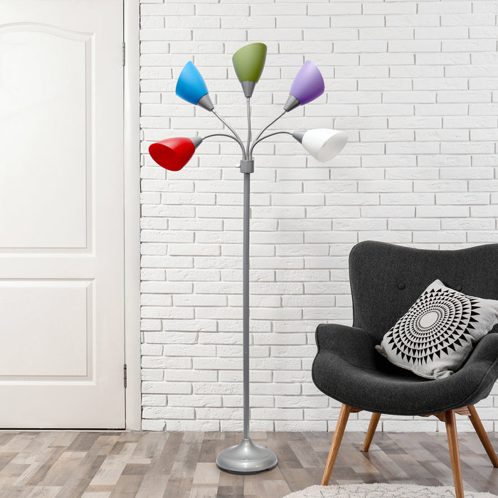 Simple Designs 67\" Contemporary Multi-Head Medusa 5-Light Adjustable Gooseneck Floor Lamp with Primary Multi-Coloured Shades - Silver