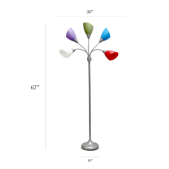 Simple Designs 67\" Contemporary Multi-Head Medusa 5-Light Adjustable Gooseneck Floor Lamp with Primary Multi-Coloured Shades - Silver