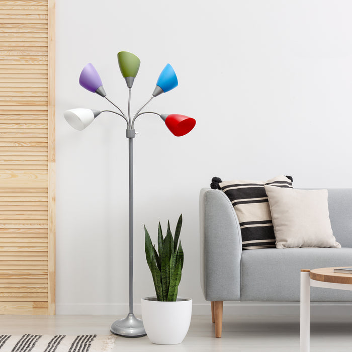 Simple Designs 67\" Contemporary Multi-Head Medusa 5-Light Adjustable Gooseneck Floor Lamp with Primary Multi-Coloured Shades - Silver