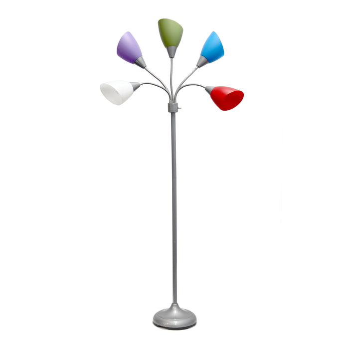 Simple Designs 67\" Contemporary Multi-Head Medusa 5-Light Adjustable Gooseneck Floor Lamp with Primary Multi-Coloured Shades - Silver