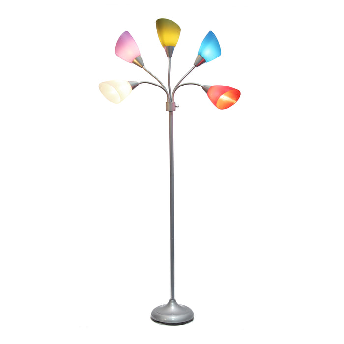 Simple Designs 67\" Contemporary Multi-Head Medusa 5-Light Adjustable Gooseneck Floor Lamp with Primary Multi-Coloured Shades - Silver