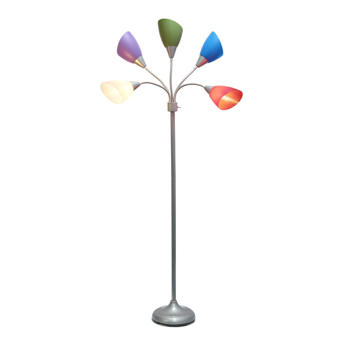 Simple Designs 67\" Contemporary Multi-Head Medusa 5-Light Adjustable Gooseneck Floor Lamp with Primary Multi-Coloured Shades - Silver