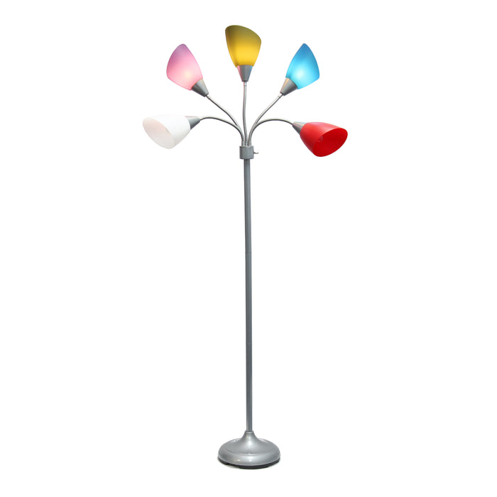 Simple Designs 67\" Contemporary Multi-Head Medusa 5-Light Adjustable Gooseneck Floor Lamp with Primary Multi-Coloured Shades - Silver