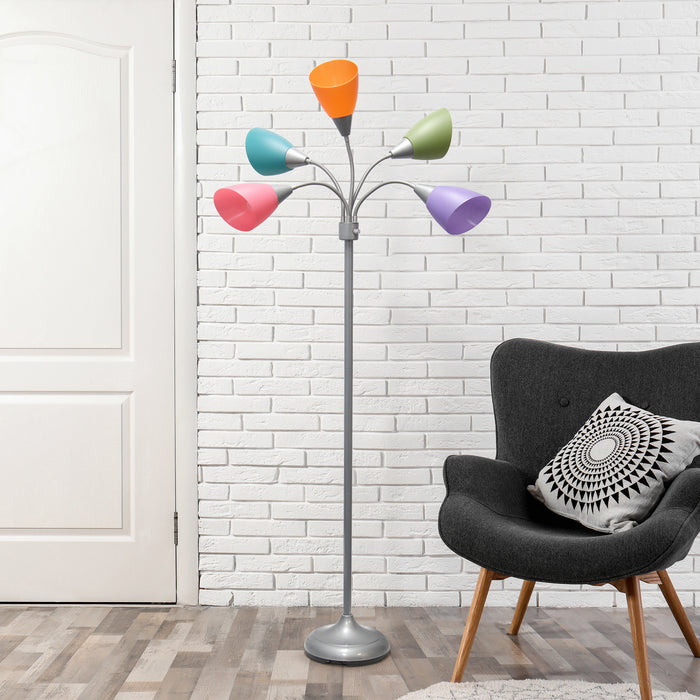 Simple Designs 67\" Contemporary Multi-Head Medusa 5-Light Adjustable Gooseneck Floor Lamp with Fun Shades - Multi-Colour