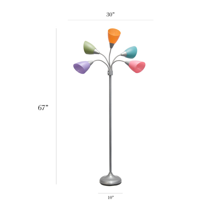 Simple Designs 67\" Contemporary Multi-Head Medusa 5-Light Adjustable Gooseneck Floor Lamp with Fun Shades - Multi-Colour