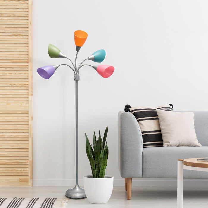 Simple Designs 67\" Contemporary Multi-Head Medusa 5-Light Adjustable Gooseneck Floor Lamp with Fun Shades - Multi-Colour