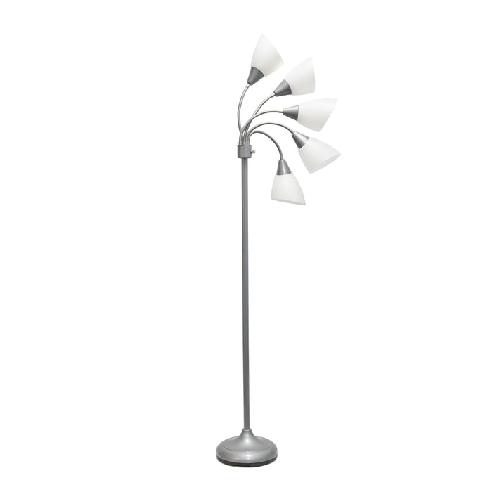 Simple Designs 67\" Contemporary Multi-Head Medusa 5-Light Adjustable Gooseneck Floor Lamp with White Shades - Silver