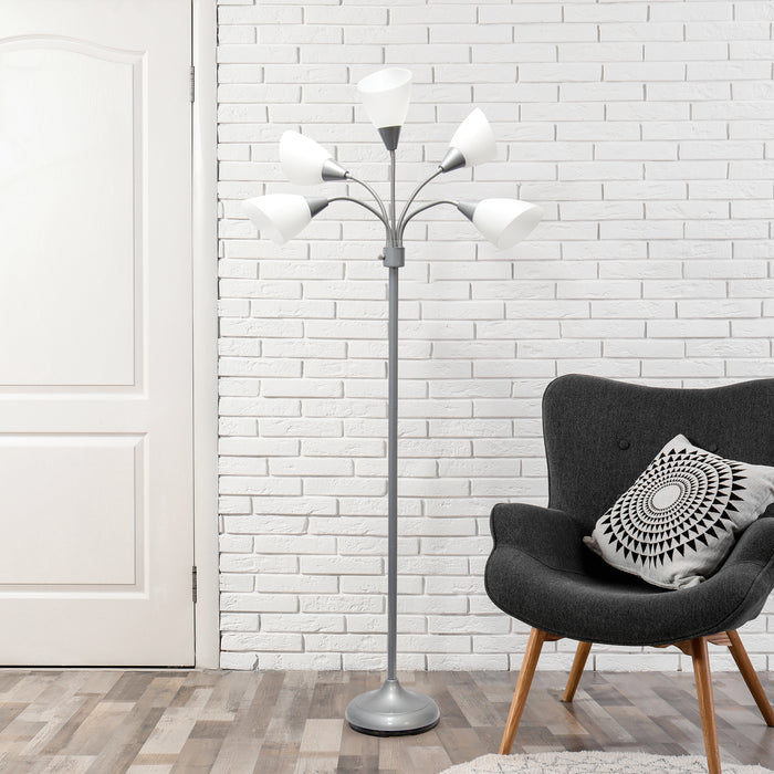 Simple Designs 67\" Contemporary Multi-Head Medusa 5-Light Adjustable Gooseneck Floor Lamp with White Shades - Silver