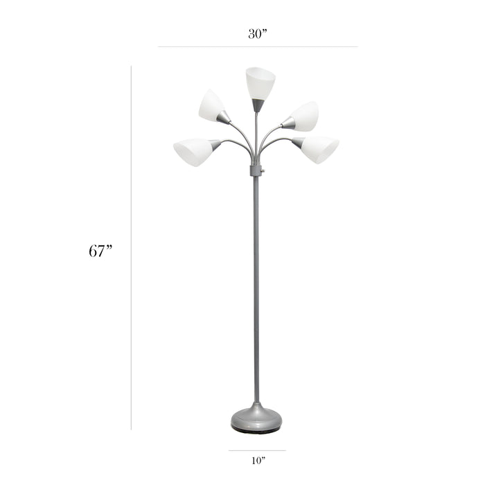 Simple Designs 67\" Contemporary Multi-Head Medusa 5-Light Adjustable Gooseneck Floor Lamp with White Shades - Silver