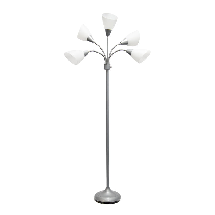 Simple Designs 67\" Contemporary Multi-Head Medusa 5-Light Adjustable Gooseneck Floor Lamp with White Shades - Silver