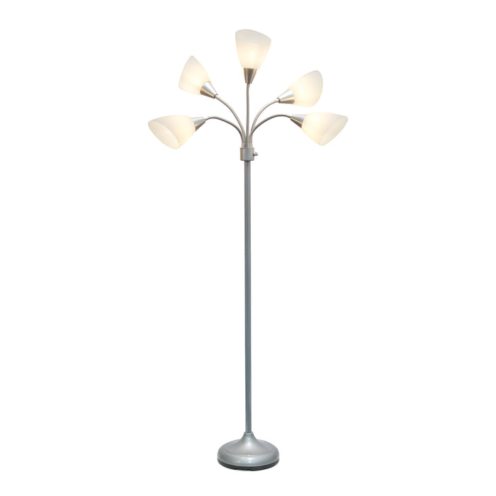 Simple Designs 67\" Contemporary Multi-Head Medusa 5-Light Adjustable Gooseneck Floor Lamp with White Shades - Silver