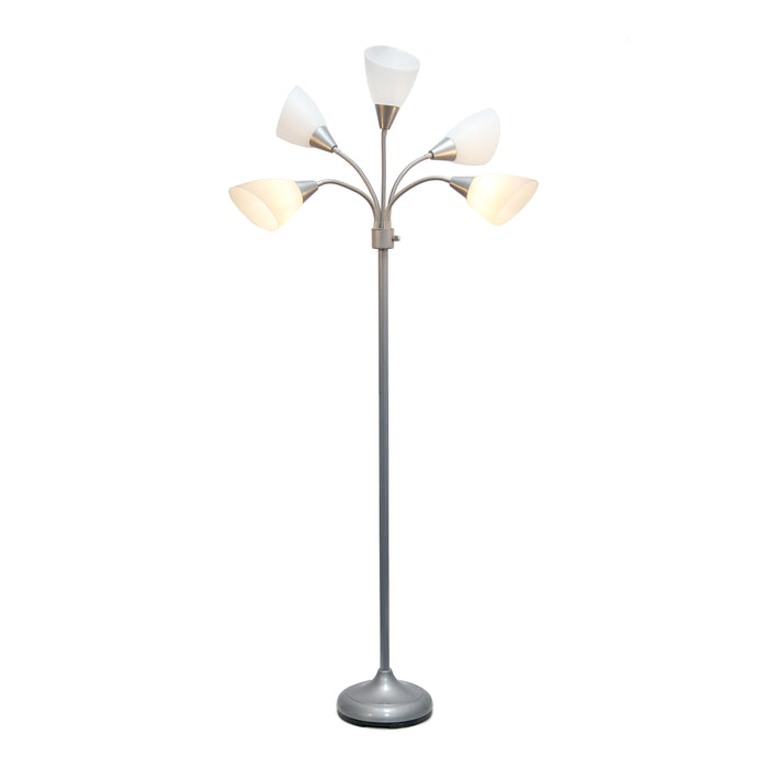 Simple Designs 67\" Contemporary Multi-Head Medusa 5-Light Adjustable Gooseneck Floor Lamp with White Shades - Silver