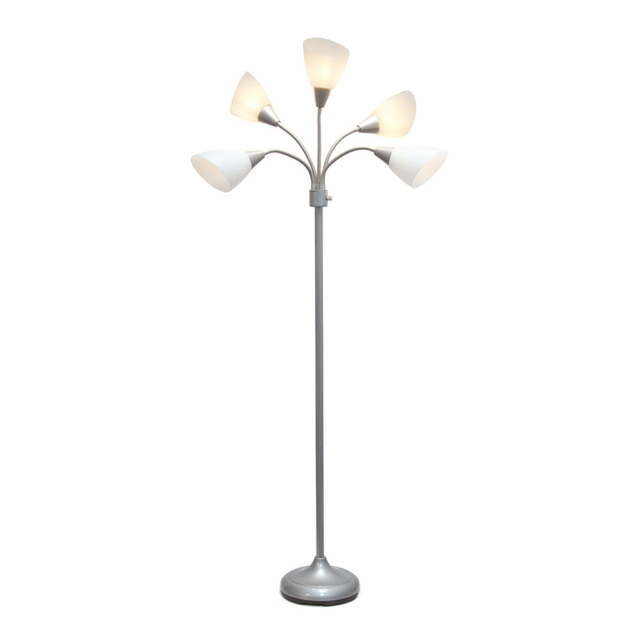 Simple Designs 67\" Contemporary Multi-Head Medusa 5-Light Adjustable Gooseneck Floor Lamp with White Shades - Silver
