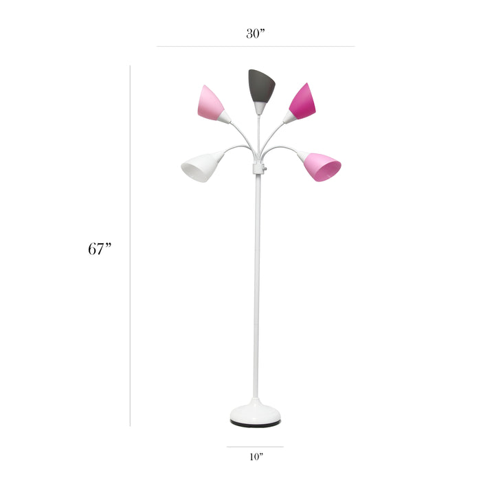 Simple Designs 67\" Contemporary Multi-Head Medusa 5-Light Adjustable Gooseneck Floor Lamp - Pink, White and Grey