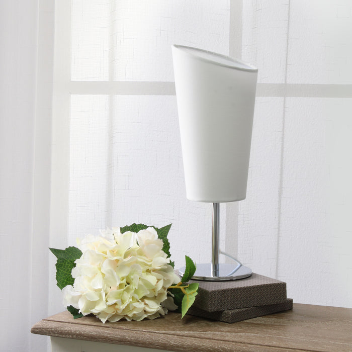 Simple Designs Mini Chrome Table Lamp with Angled Fabric Shade - White