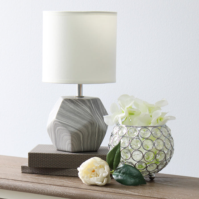 Simple Designs Round Prism Mini Table Lamp with White Fabric Shade - Marble