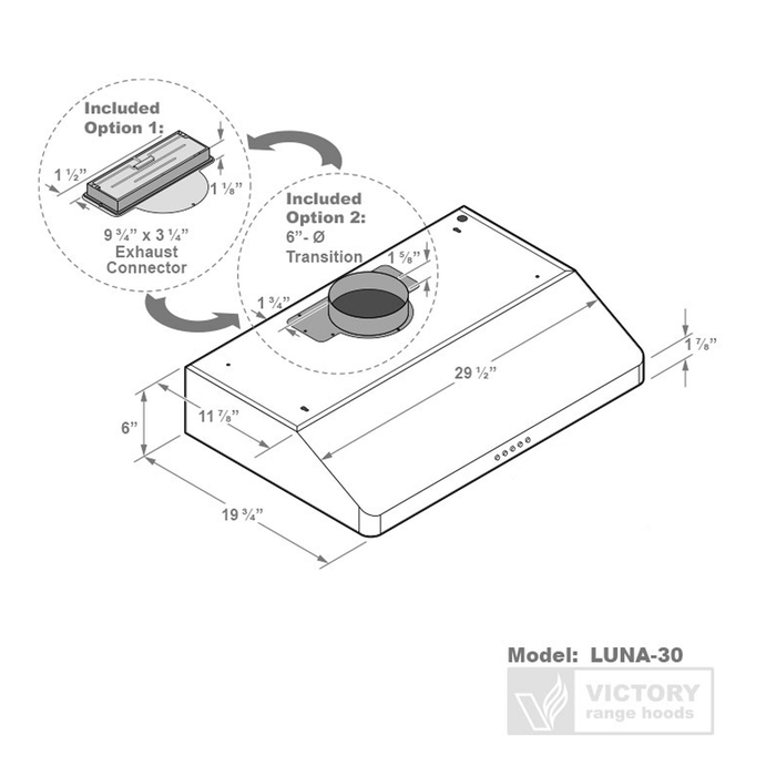 Victory 30\" 600 CFM Under Cabinet Range Hood Stainless Steel - Luna-M-30