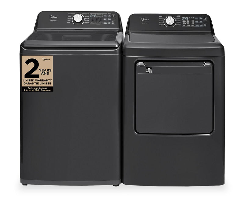 Midea 5.2 Cu. Ft. Top Load Agitator Washer and 7.0 Cu. Ft. Smart Tumble Dryer – Black 