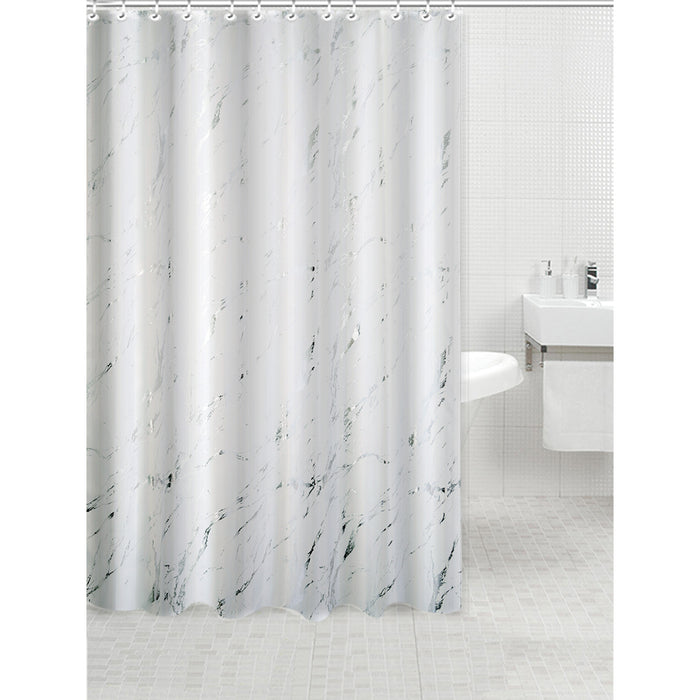 Polyester Silver Foil Marble Printed Shower Curtain White