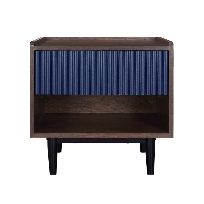 Manhattan Comfort Duane Modern Ribbed Nightstand with Full Extension Drawer - Dark Brown & Navy Blue