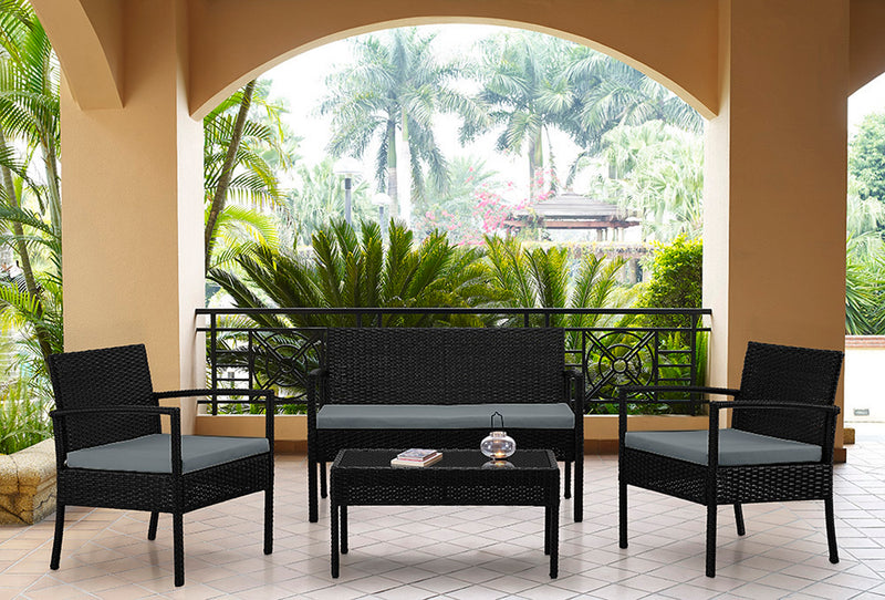 Manhattan Comfort Noli Steel Rattan 4-Piece Patio Conversation Set with Cushions - Grey