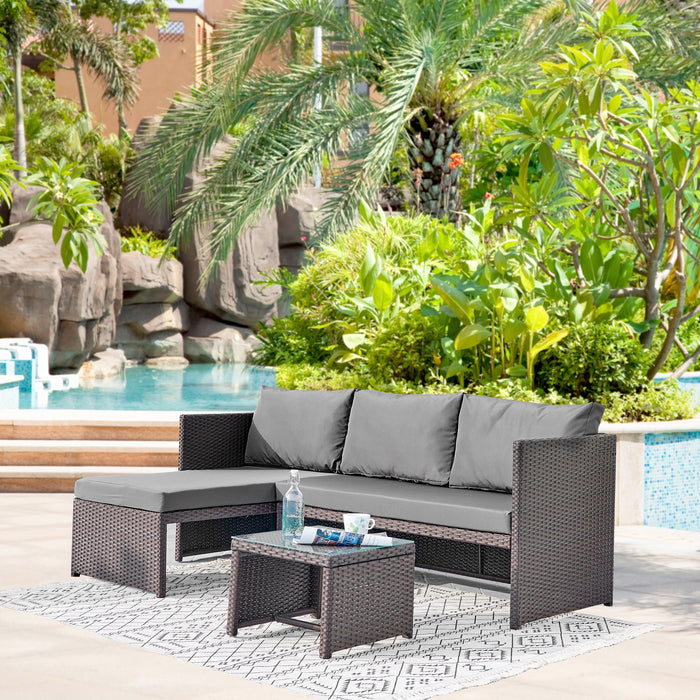 Manhattan Comfort Menton Steel Rattan 2-Piece Chair Lounge & 2-Seater with Coffee Table Patio Set - Grey