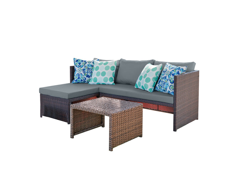 Manhattan Comfort Menton Steel Rattan 2-Piece Chair Lounge & 2-Seater with Coffee Table Patio Set - Grey