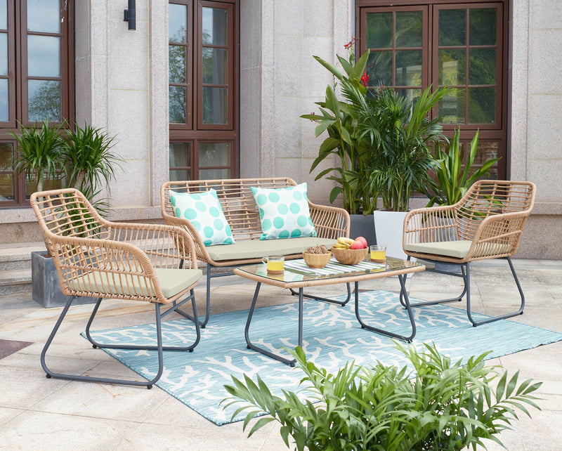 Manhattan Comfort Antibes 2.0 Steel Rattan 4-Piece Patio Conversation Set - Cream