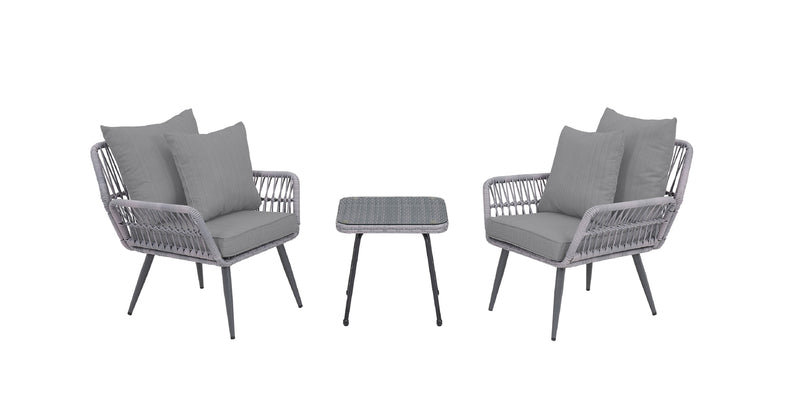 Manhattan Comfort Cannes Rope Wicker 3-Piece Patio Conversation Set - Grey