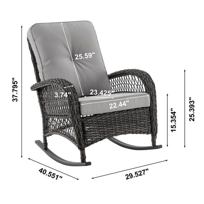 Manhattan Comfort Furttuo Steel Rattan Patio Outdoor Rocking Chair with Cushions - Grey