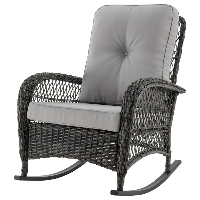 Manhattan Comfort Furttuo Steel Rattan Patio Outdoor Rocking Chair with Cushions - Grey