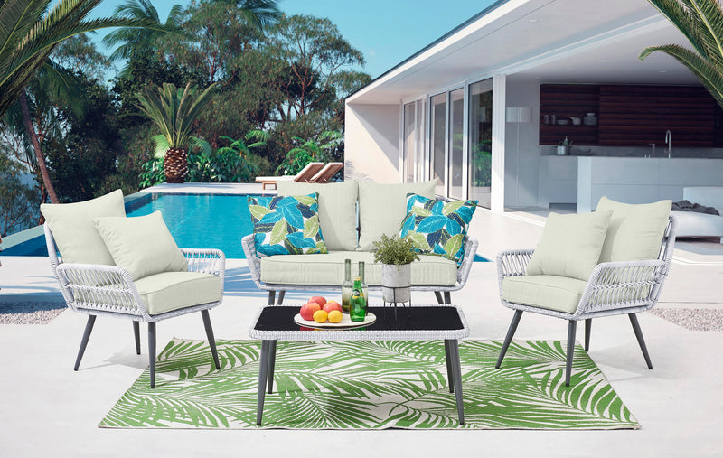 Manhattan Comfort Portofino Rope Wicker 4-Piece Patio Conversation Set with Cushions - Cream