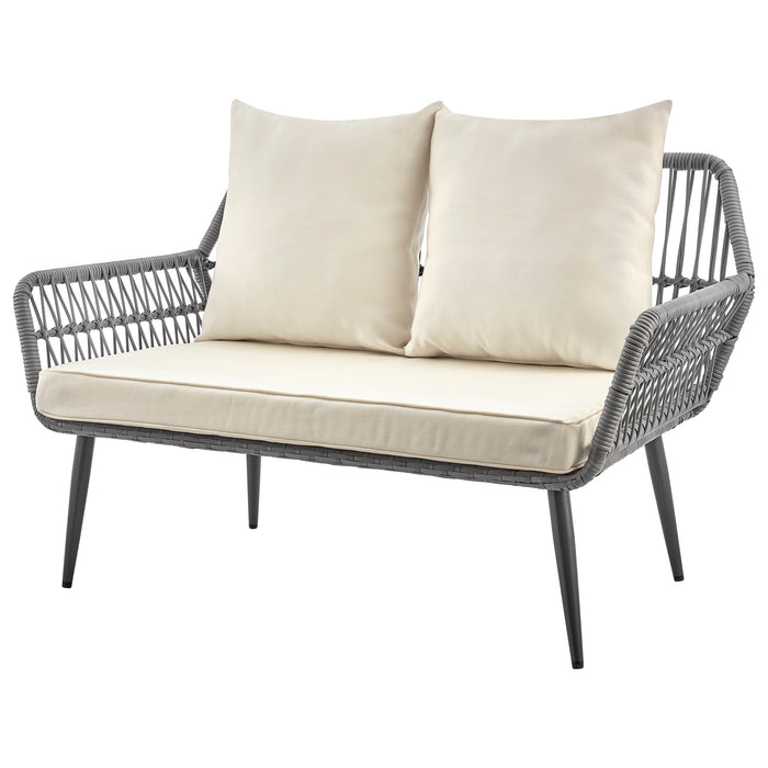 Manhattan Comfort Portofino Rope Wicker 4-Piece Patio Conversation Set with Cushions - Cream