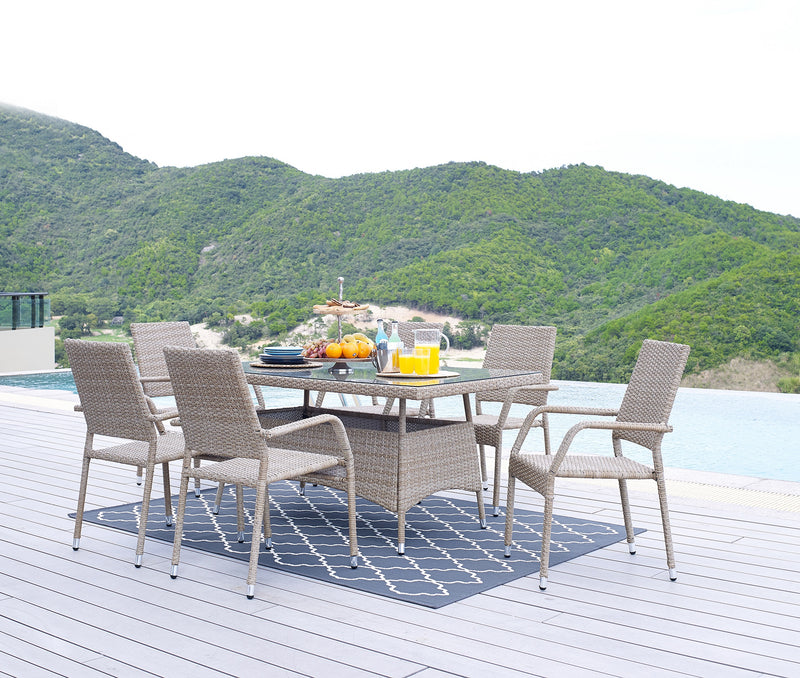 Manhattan Comfort Genoa Patio Dining Table with Glass Top - Natural Tan Weave