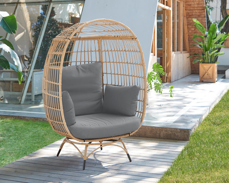 Manhattan Comfort Spezia Freestanding Steel & Rattan Patio Outdoor Egg Chair with Cushions - Grey