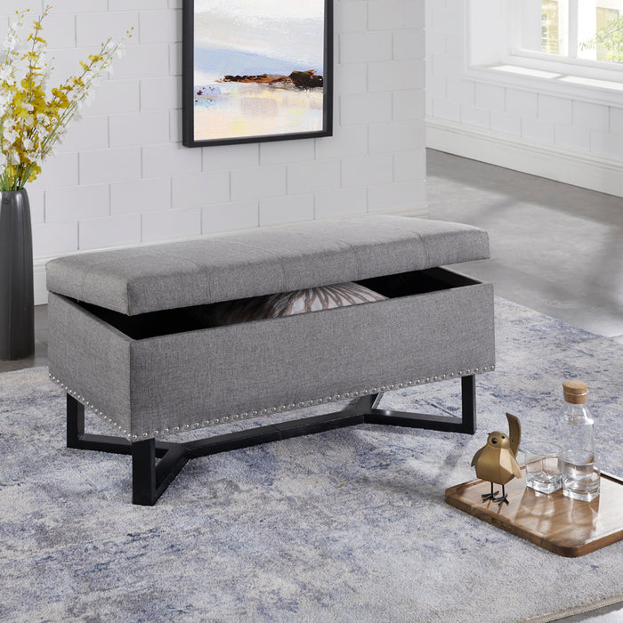 Emerson Fabric Studded Double Bench Ottoman Grey Benches